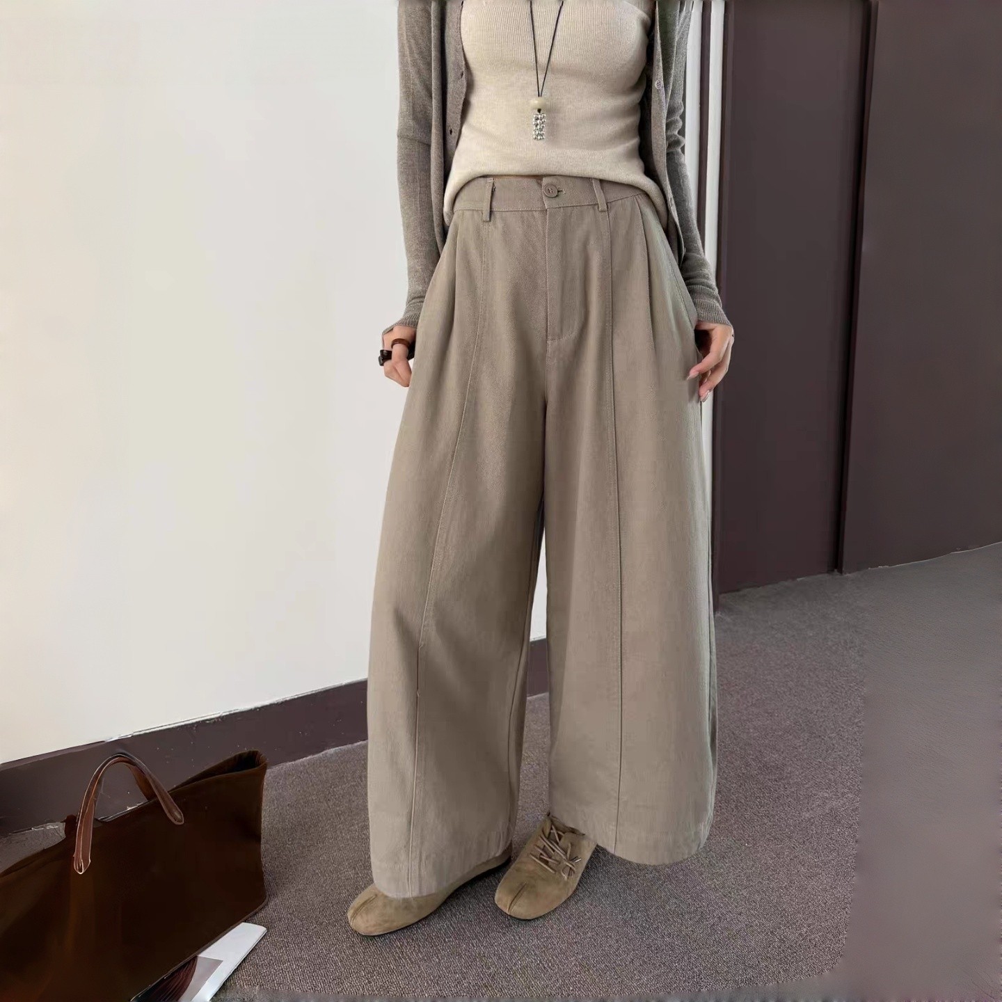 韩版都市风高腰宽松秋款阔腿裤女奶卡色休闲九分裤显瘦百搭慵懒风