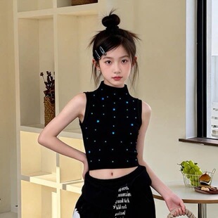 夏季新款女童背心韩版设计修身显瘦烫钻无袖上衣中大童t恤