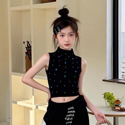 夏季新款女童背心韩版设计修身显瘦烫钻无袖上衣中大童t恤