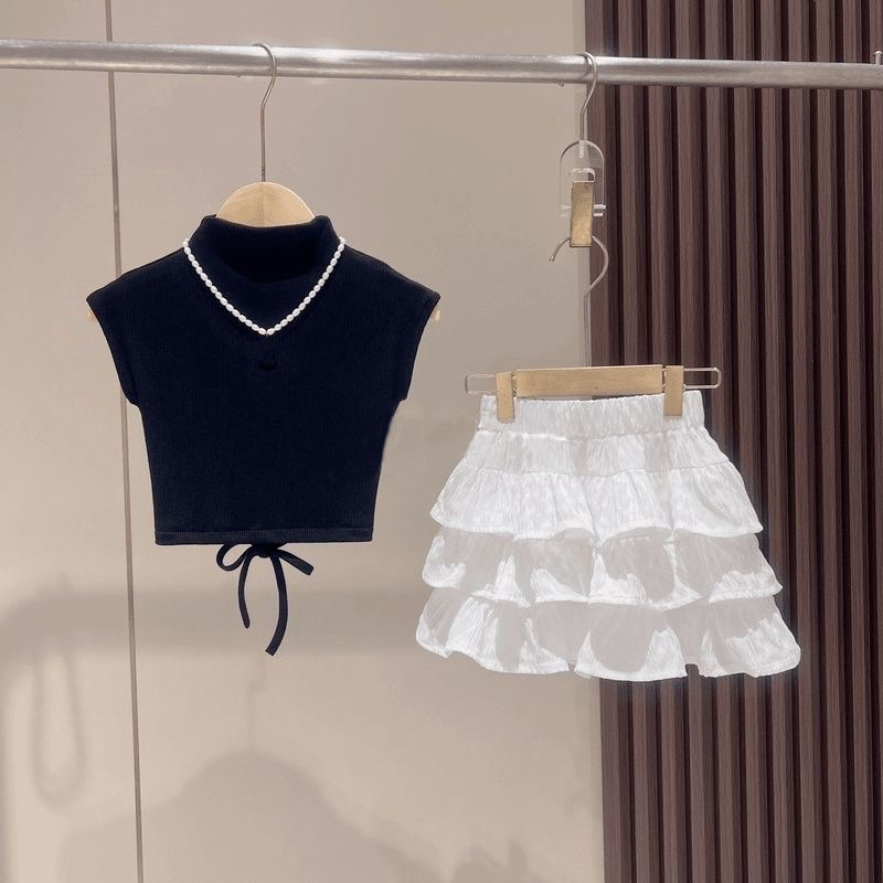 女童夏款套装夏季2025新款儿童短袖百褶蛋糕裙两件套中大儿童夏装