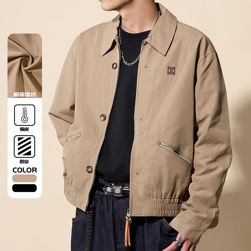 LOADMIND设计师合作款美式复古老钱风通勤外套绣花字母翻领夹克