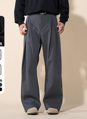 LOADMIND冬美式垂感休闲西裤裤子男宽松阔腿直筒潮长裤男士阔形黑