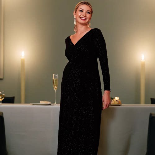 黑色V领亮点收腰孕妇宴会礼服