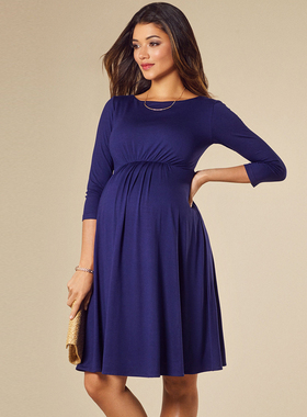 欧美春秋新款中袖中长款孕妇装黑色圆领性感轻奢孕妇连衣裙子yfz