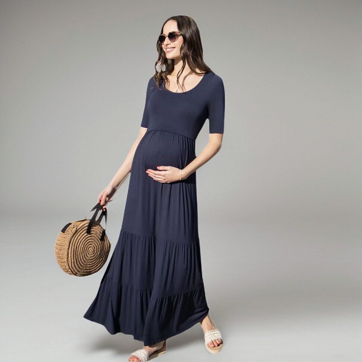 欧美孕妇连衣背心裙礼服性感宴会孕后期短袖纯色长裙圆领哺乳长款