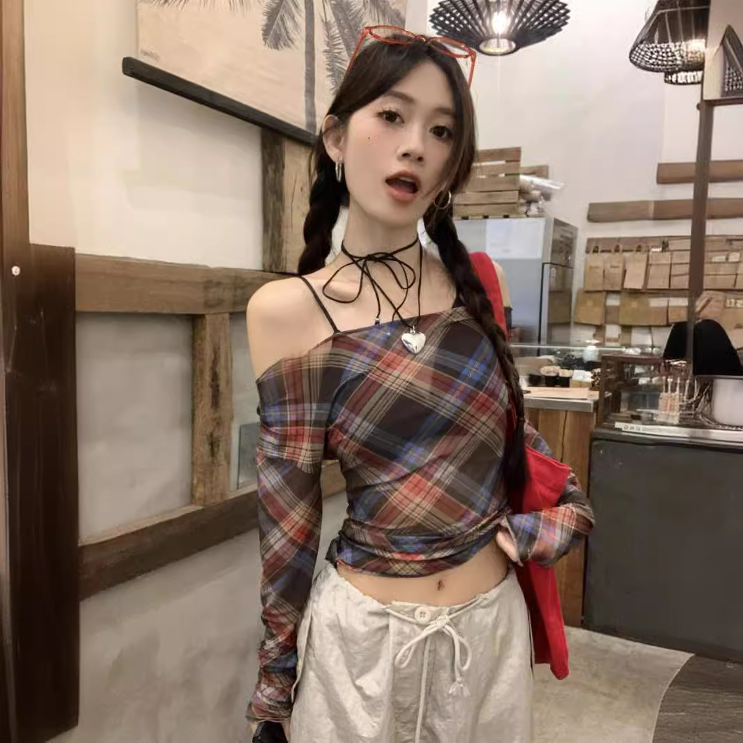 美式复古格纹一字肩网纱T恤女装夏季小众别致微透叠穿防晒衫上衣