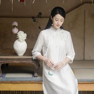 年秋季新款改良版中式立领素白禅意茶服文艺七分袖唐装旗袍裙