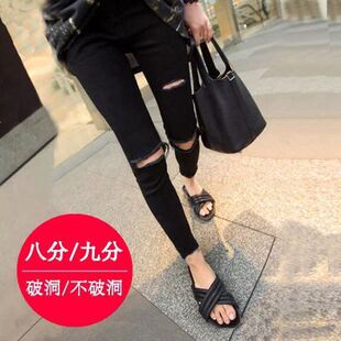 新款黑色八分烂牛仔裤女破洞乞丐裤潮韩版高腰弹力紧身显瘦小脚裤