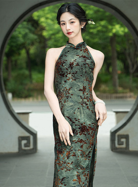 旗袍夏女新中式无袖挂脖款绿色文艺复古低开衩弹力旗袍