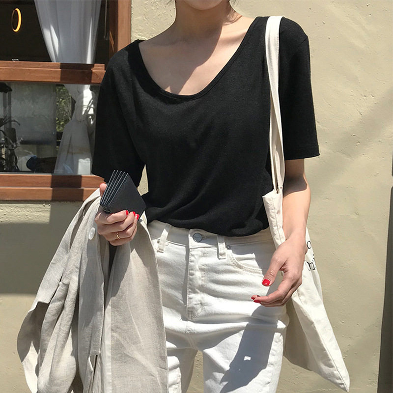 大领口白色恤女短袖韩版新款黑色宽松棉领上衣打底衫潮