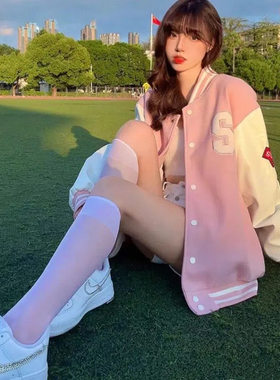 复古学院风加绒粉色棒球服女春秋新款百搭加厚夹克开衫夹克