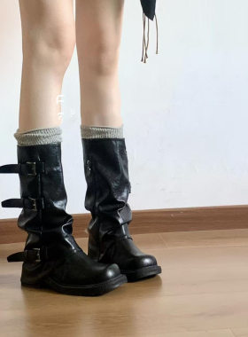 现货复古中筒马丁靴女西部牛仔辣妹甜酷裤管堆堆靴内骑士靴秋