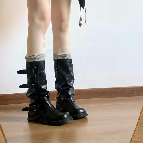 现货复古中筒马丁靴女西部牛仔辣妹甜酷裤管堆堆靴内骑士靴秋