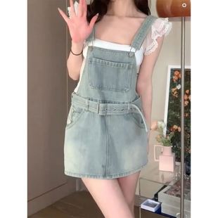 复古浅色牛仔背带裙女夏新款高腰遮胯减龄显瘦连衣裙百搭短裙