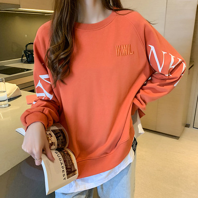新款假两件长袖卫衣女宽松韩版薄款夏季圆领字母卫衣女潮