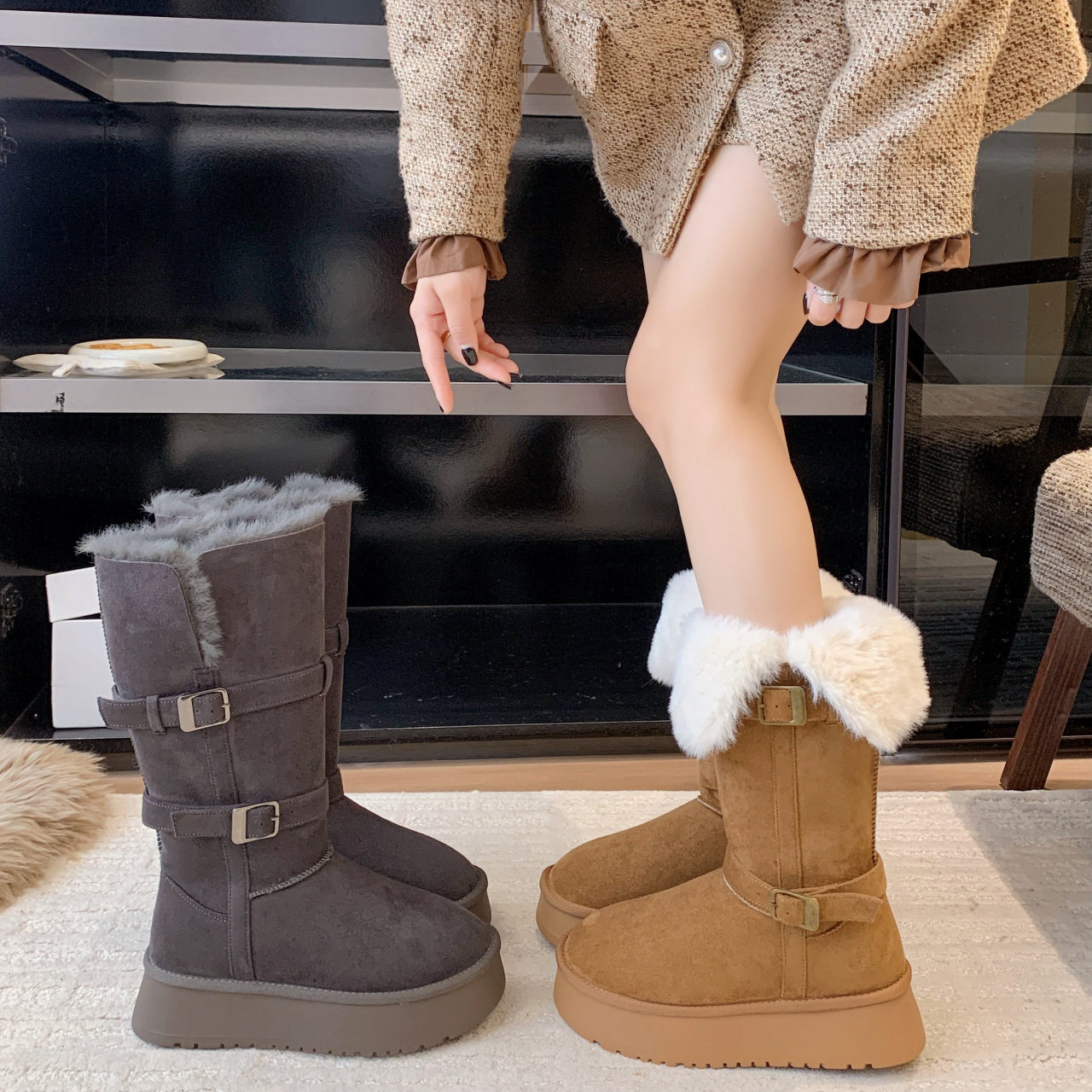 厚底灰色长筒雪地靴女冬季东北加绒加厚棉鞋小个子两穿高筒靴,女鞋,时尚雪地靴,淘宝优惠券,粉丝福利购,淘宝优惠卷