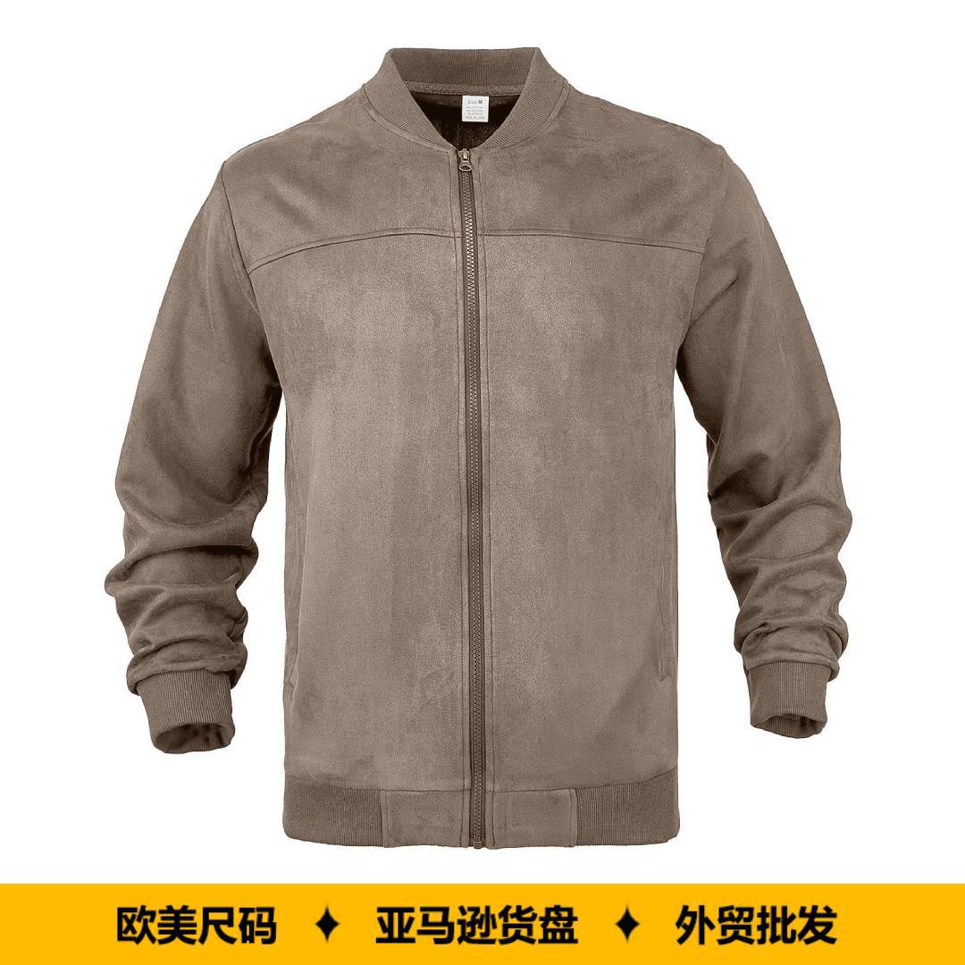 欧美跨境热卖男士麂皮绒夹克秋冬时尚休闲拉链开衫长袖棒球服外套