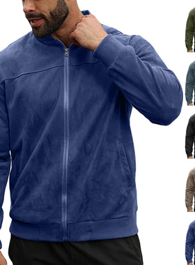 跨境欧美亚马逊TEMU男装麂皮绒拉链夹克纯色拼接设计简约纯色外套