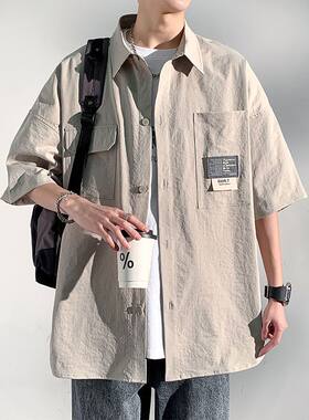 短袖衬衫男夏季冰丝衬衣男生上衣服潮牌潮流夏天休闲工装外套寸衫