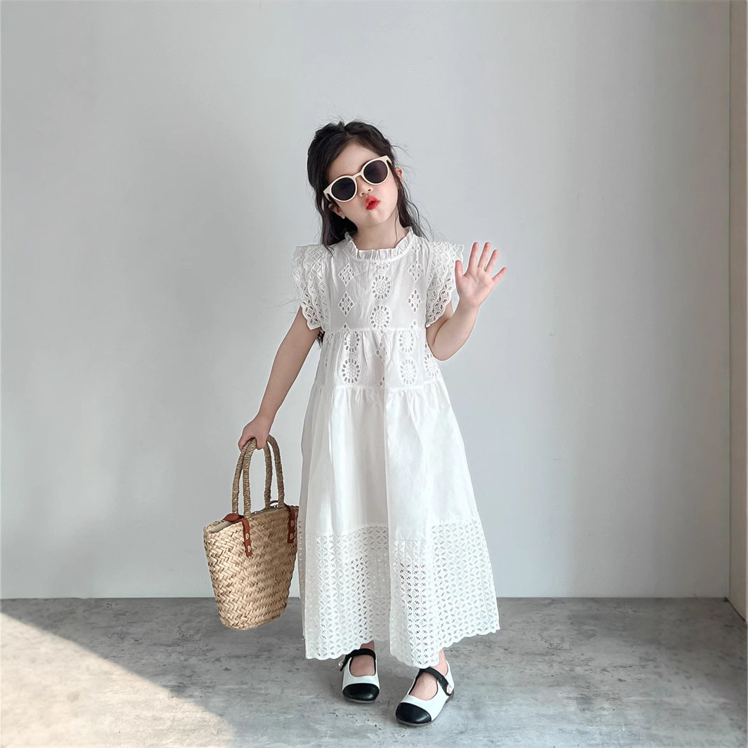 蕾丝女童白色飞袖连衣裙夏季甜美可爱风公主裙洋气高级感中长裙