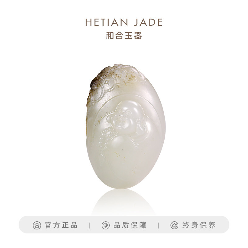 和合玉器和田玉白玉籽料笑佛挂件弥勒佛黑皮子料雕刻挂件佛公吊坠