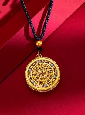 999足金24k黄金五福圆盘吊坠挂坠