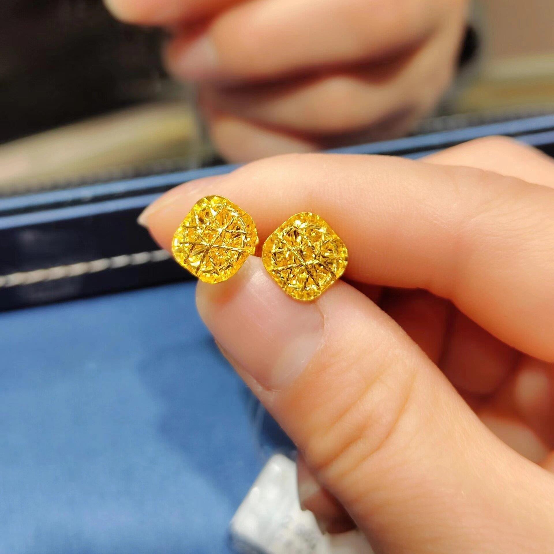正品金包银耳针足金999黄金24k爆闪拉丝小方糖耳针耳环轻奢高级感