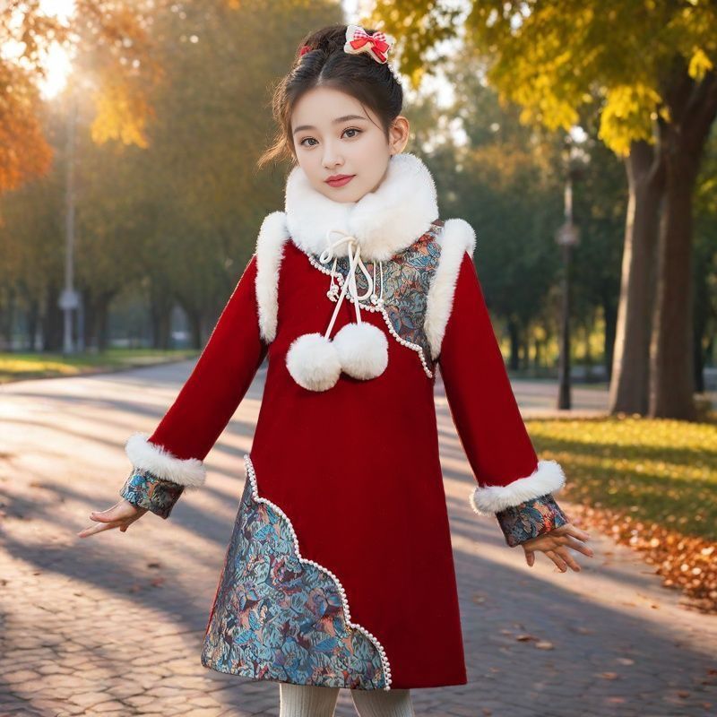 女童唐装红色加厚保暖旗袍