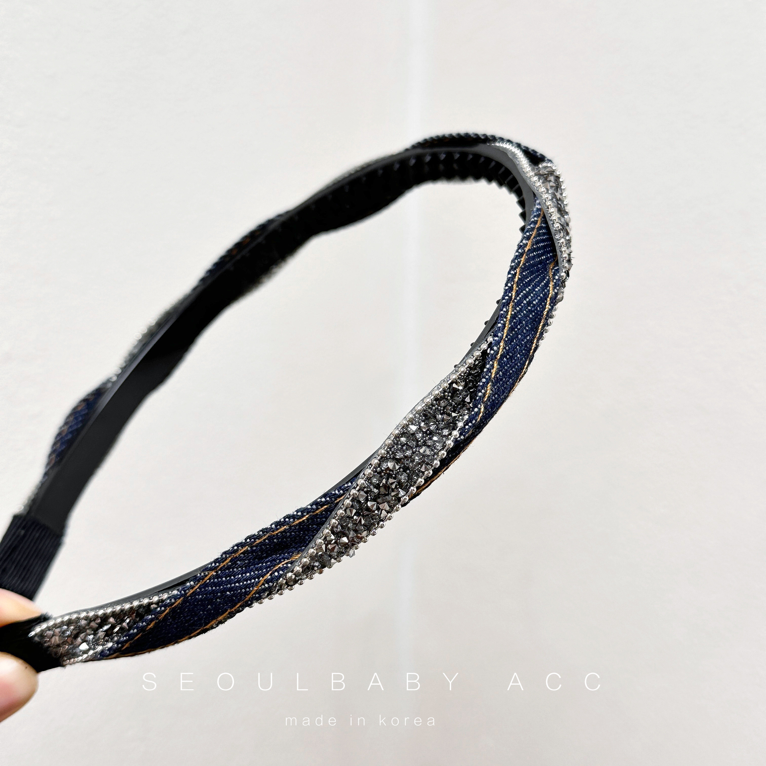 商场柜台同款 韩国进口发饰牛仔拼接钻条发箍女防滑带齿百搭头箍