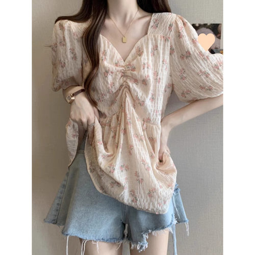 夏季大码连衣裙V领碎花雪纺短袖