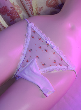 小草莓带jj套伪娘内裤开口冰丝男士透视性感低腰印花包蛋三角裤