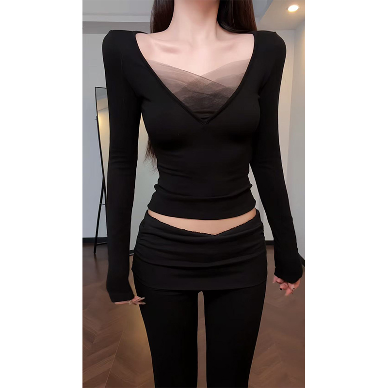 【Carrive宋肉肉】辣妹设计V领网纱拼接长袖上衣磨毛收腰显瘦T恤
