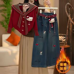女童冬季加绒毛衣卡通套装新款牛仔秋冬时尚洋气两件套儿童阔腿裤
