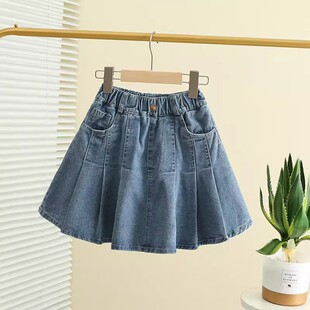 女童高腰牛仔裙夏季2025新款大童洋气百褶短裙儿童宽松时髦半身裙