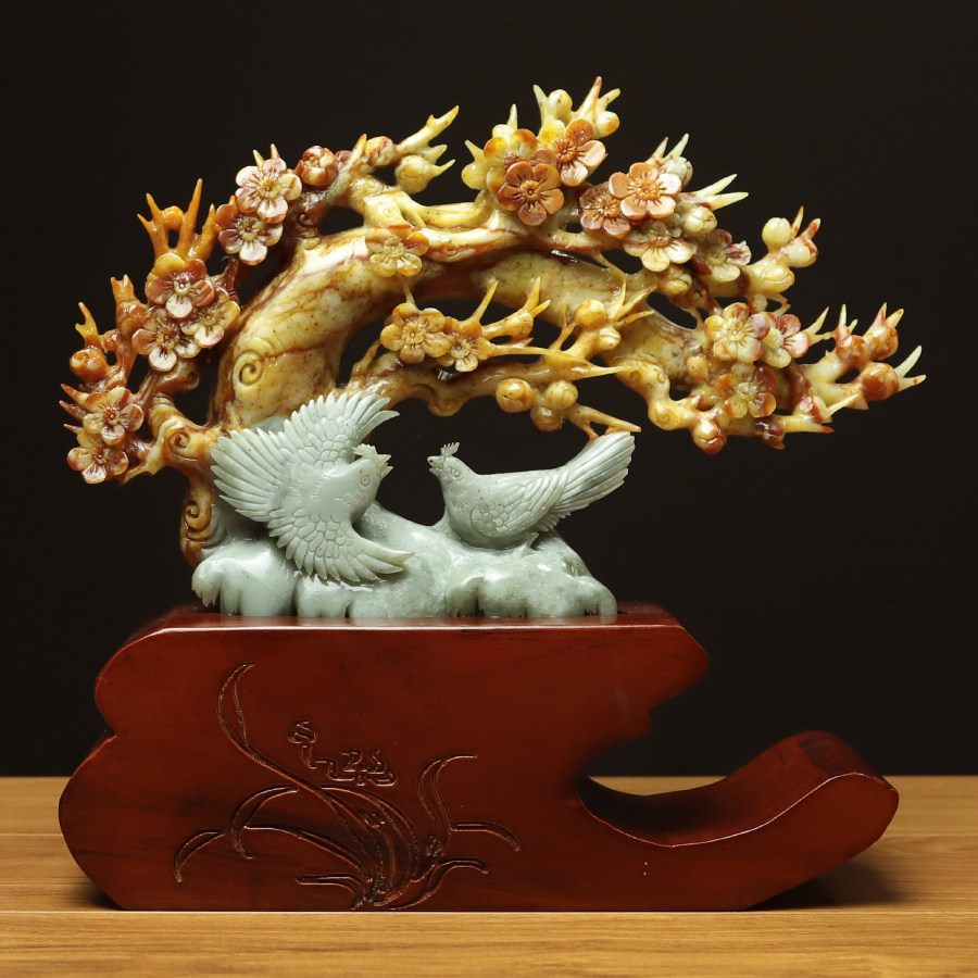 尚品美格 天然岫玉花玉摆件 原石原色一体精雕梅花 喜上眉梢EA805