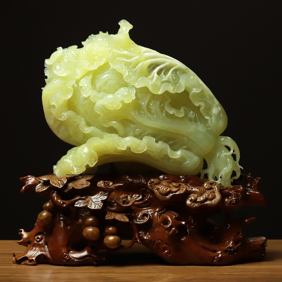 尚品美格 天然玉石岫玉摆件黄金玉原石原色精雕佰财白菜礼品ea009