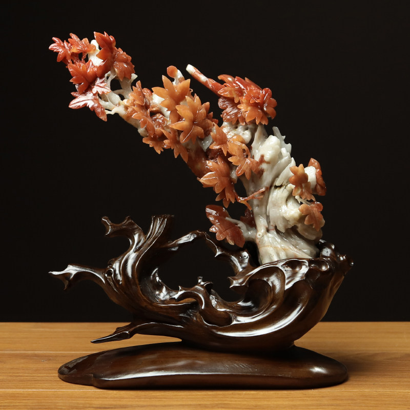 尚品美格 天然岫玉花玉摆件辽阳红原石原色一体枫叶鸿运当头DA770