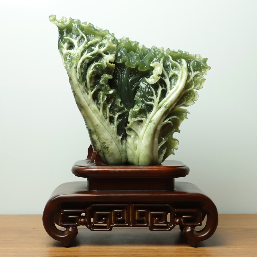 尚品美格 天然岫玉180料摆件深绿原石俏雕招财白菜 立地生财EA478