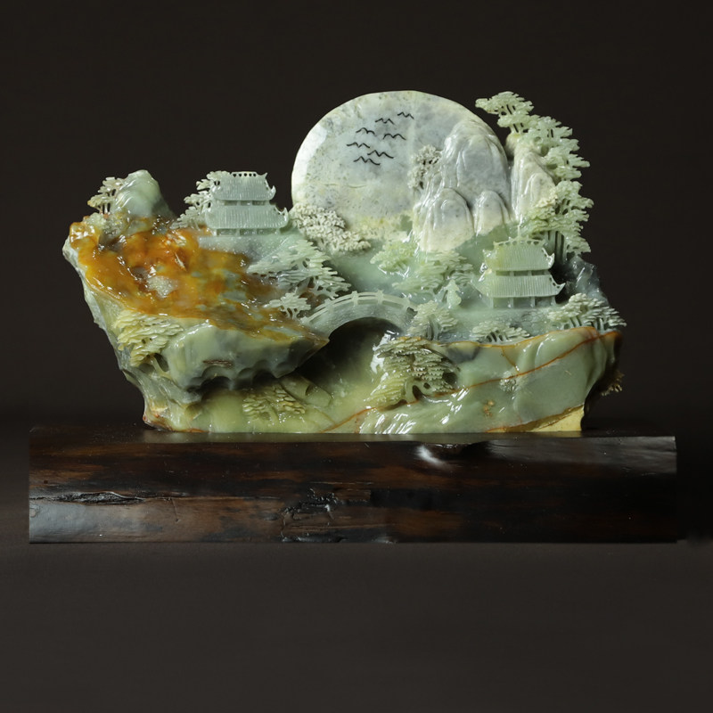 尚品美格天然岫玉花玉摆件玉石王花玉雕刻山水摆件步步高升ca263