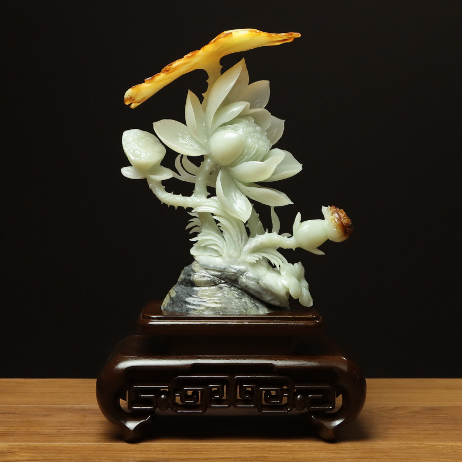 尚品美格 天然岫玉花玉摆件 瓷白原石精雕荷花荷塘月色 礼品EA923