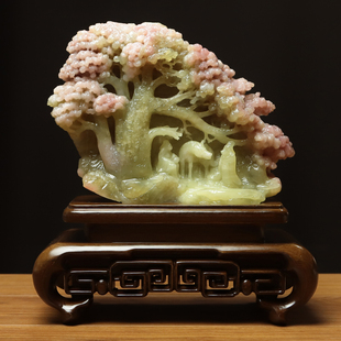 尚品美格玉石玄关桌面摆件天然粉色料原色精雕松树松下访友FA195