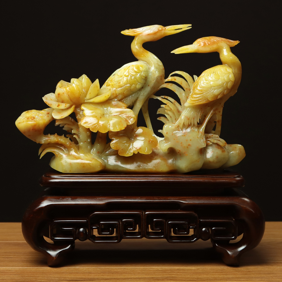 尚品美格 天然岫玉花玉摆件原色精雕荷花鸬鹚 和和美美 礼品EA577