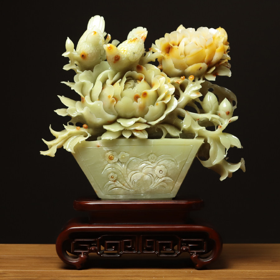 尚品美格 天然玉石岫玉摆件 花玉原石原色精雕牡丹花鸟 礼品EA390