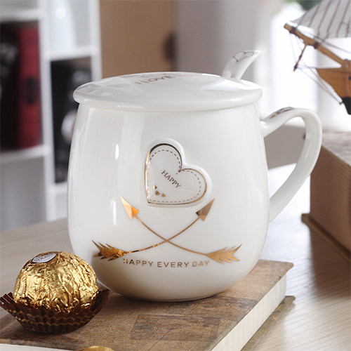 创意个性可爱陶瓷杯子水杯情侣马克杯咖啡牛奶杯带盖勺活动礼品