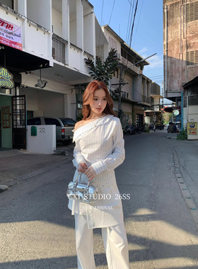 蕾丝斜肩条纹收腰衬衫女韩系小众设计感独特掐腰长袖衬衣上衣