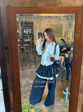 设计感复古牛仔裤蕾丝拼接可拆卸屁帘休闲百搭显瘦牛仔裤女