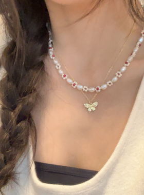 蝴蝶珍珠项链手工精致串珠红色小花 春夏季简约轻奢ins风锁骨链