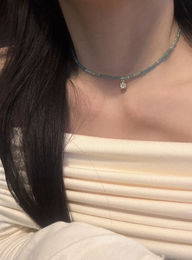 蓝色星星天然石串珠淡蓝色系项链小五角星锁骨链小众