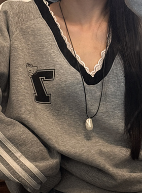 INS精致百搭仿巴洛克珍珠吊坠黑绳项链女气质高级感可调节毛衣链