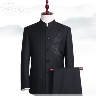 中式中山装男青年修身刺绣龙民国风立领西服套装汉新伴郎婚礼服黑